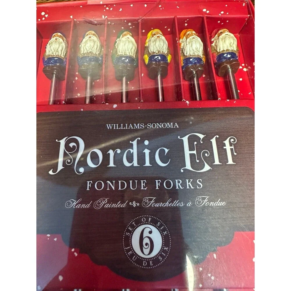 Williams Sonoma Nordic Elf Fondue Forks Set of 6 Stainless Holiday Christmas NIB
